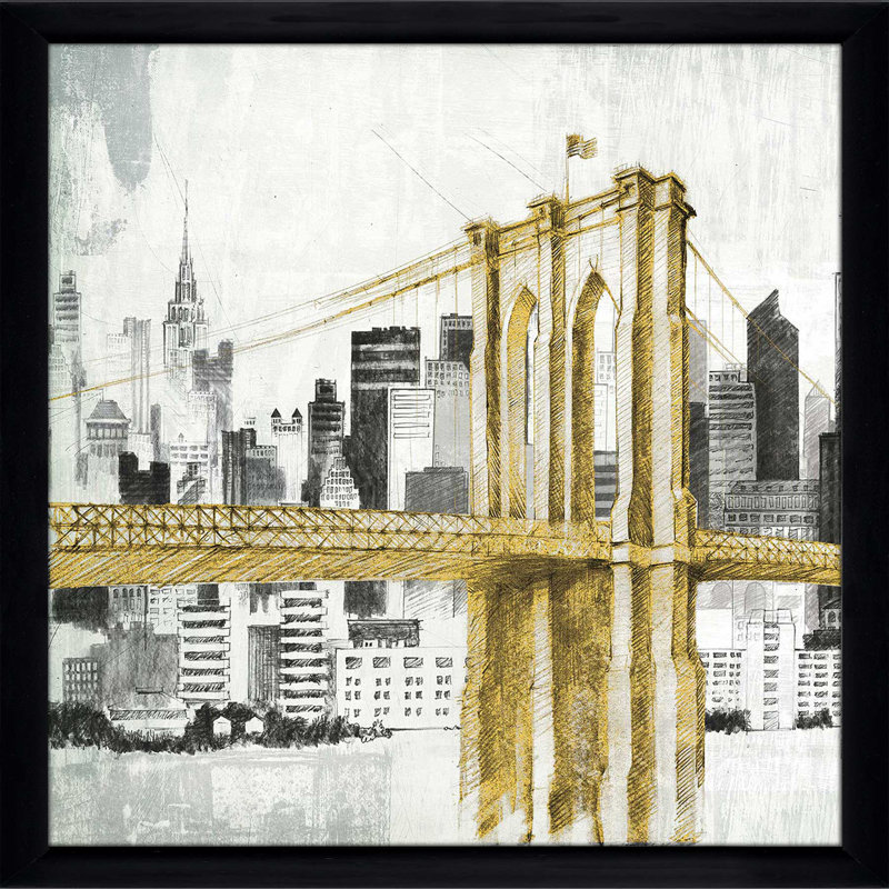 New York Skyline I, pont jaune I - peinture, Cadre noir, H 37,5 po x l 37,5 po x P 1 po