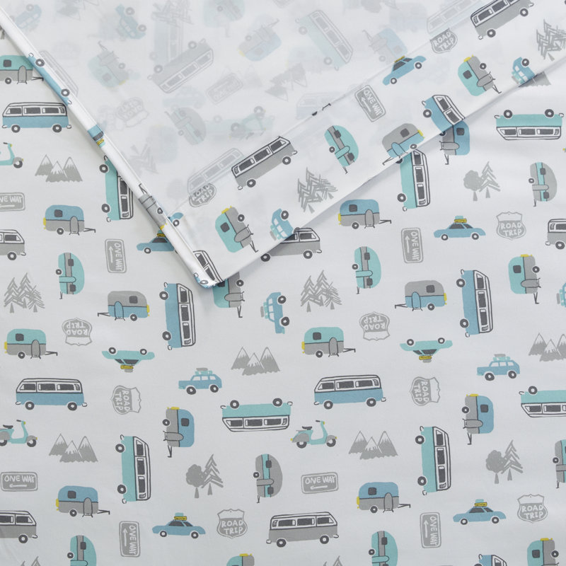 Twin Gray and Blue Road Trip Microfiber Sheet Set
