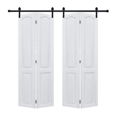 Dual CNC crafted bi-fold door 3/4" thick 64 in. x 84 in. MDF White Barn Sliding Door With Hardware kit