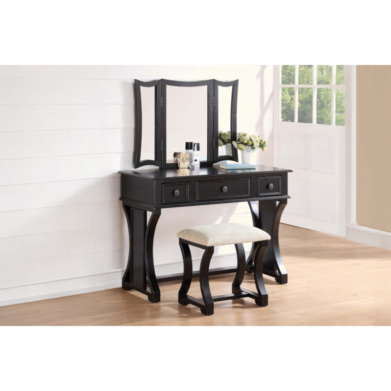 Unique Modern Bedroom Vanity Set W Stool Foldable Mirror Drawers MDF Veneer 1Pc Vanity Set