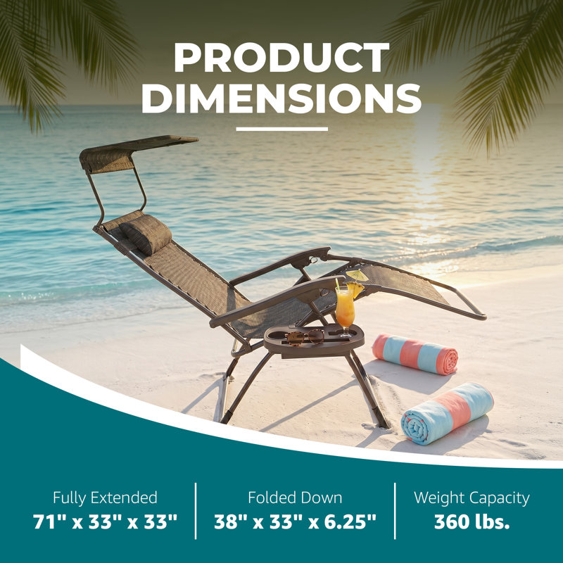  30" Wide XL Zero Gravity Outdoor Lounge Chair w/ Canopy, Gray