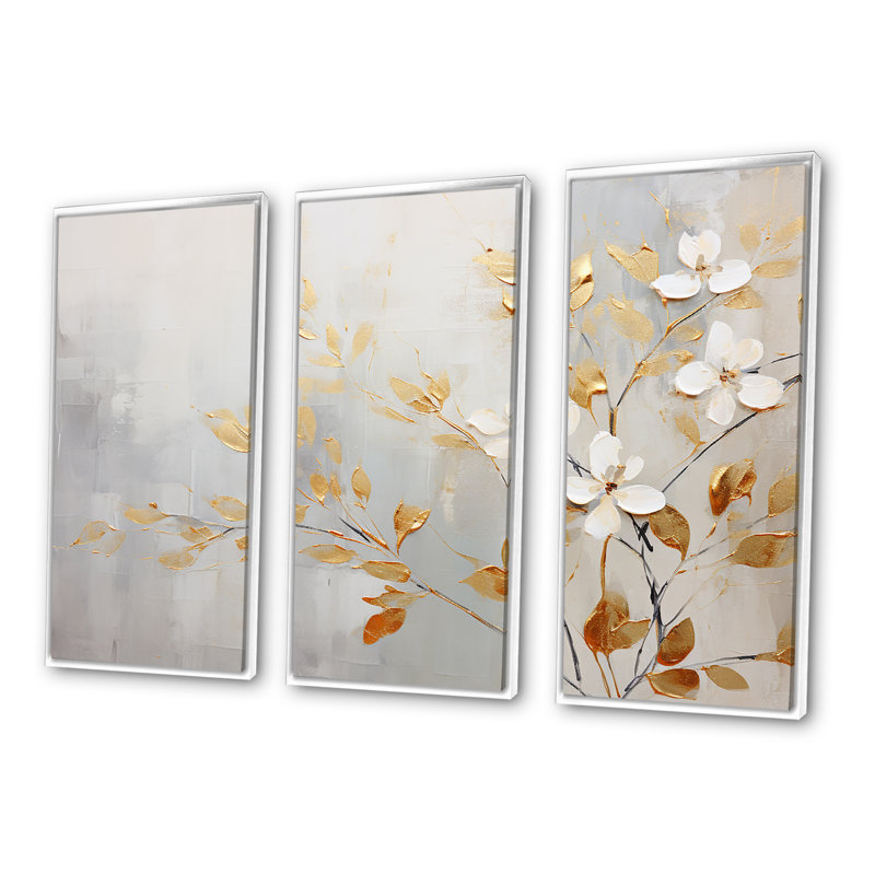 Ensemble de salon art mural blanc et doré, H 40 po x l 60 po x P 1 po, Cadre flottant blanc