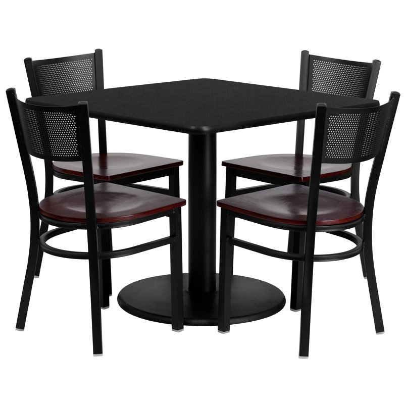 Ensemble de table carrée en stratifié 36 po avec 4 chaises en métal - siège en bois d'acajou