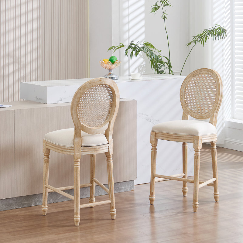 Montagne Solid Wood Bar stools Set of 2, Classic French Country Wooden Barstools with Upholstered Seating, Brown 1