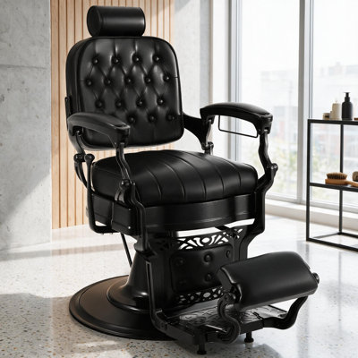 Fauteuil de barbier rétro noir robuste à hauteur réglable, pivotant à 360° et inclinable.