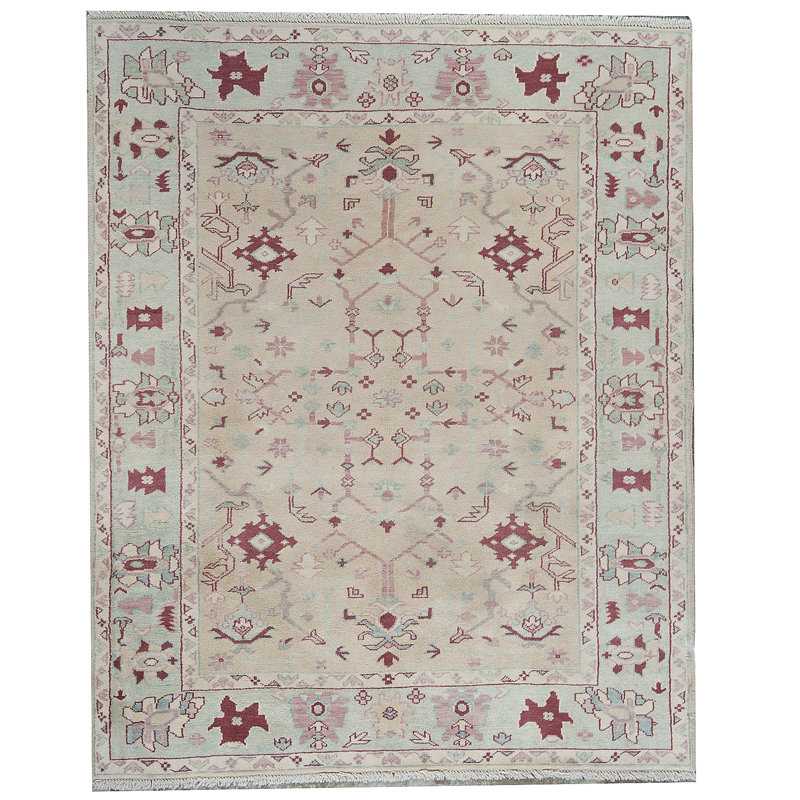 Tapis beige et vert clair noué à la main de haute qualité