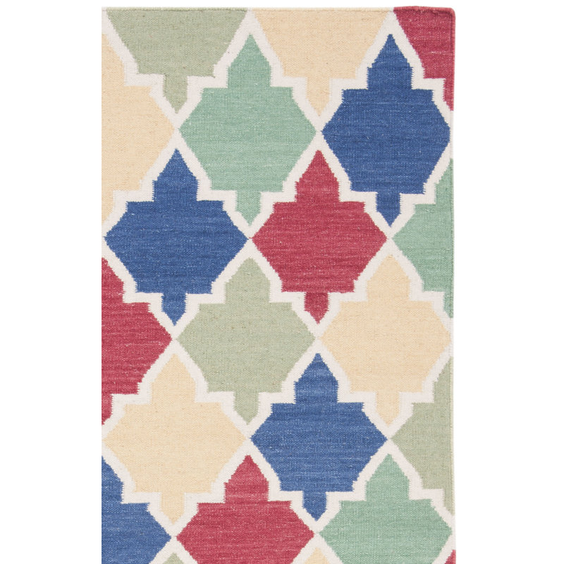 Rodgers Hand Woven Flat Weave Wool/Cotton Geometric Rug in Red/Blue/Green, Rectangle 3' x 5'