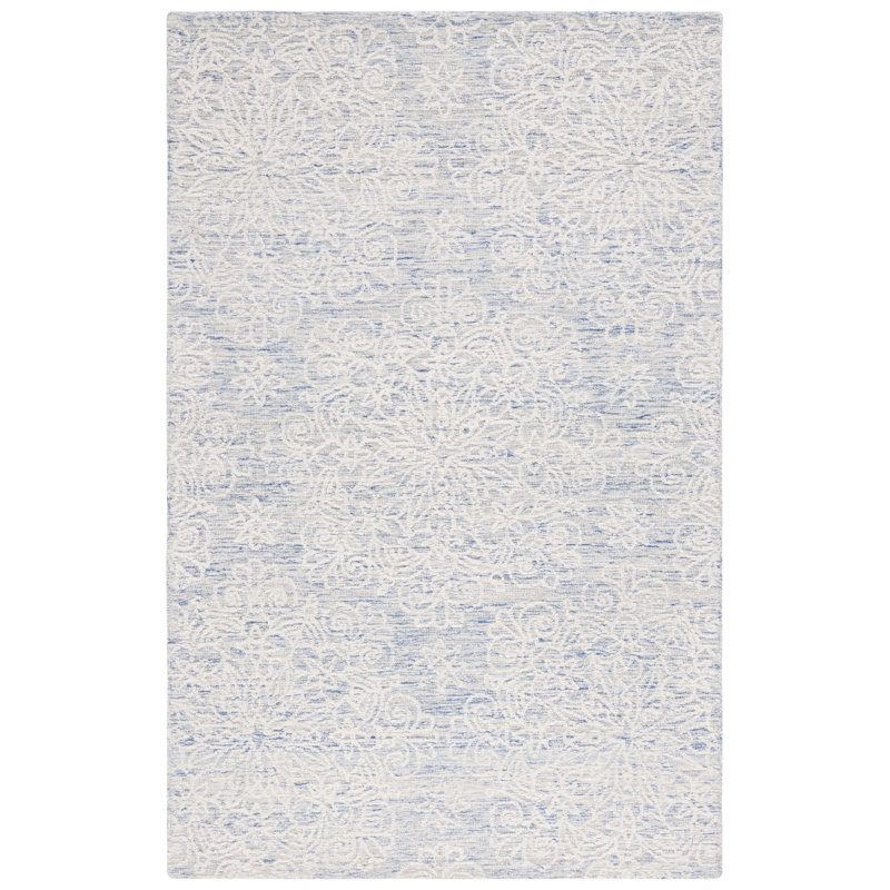 Gosha Hand Tufted Wool/Cotton with Cotton Backing Floral Rug in Blue/Ivory, Rectangle 4' x 6'