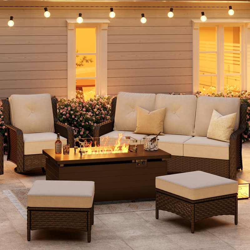 51" H X 21" W Metal Propane Outdoor Fire Pit Table With Cover, Crystals, Brown