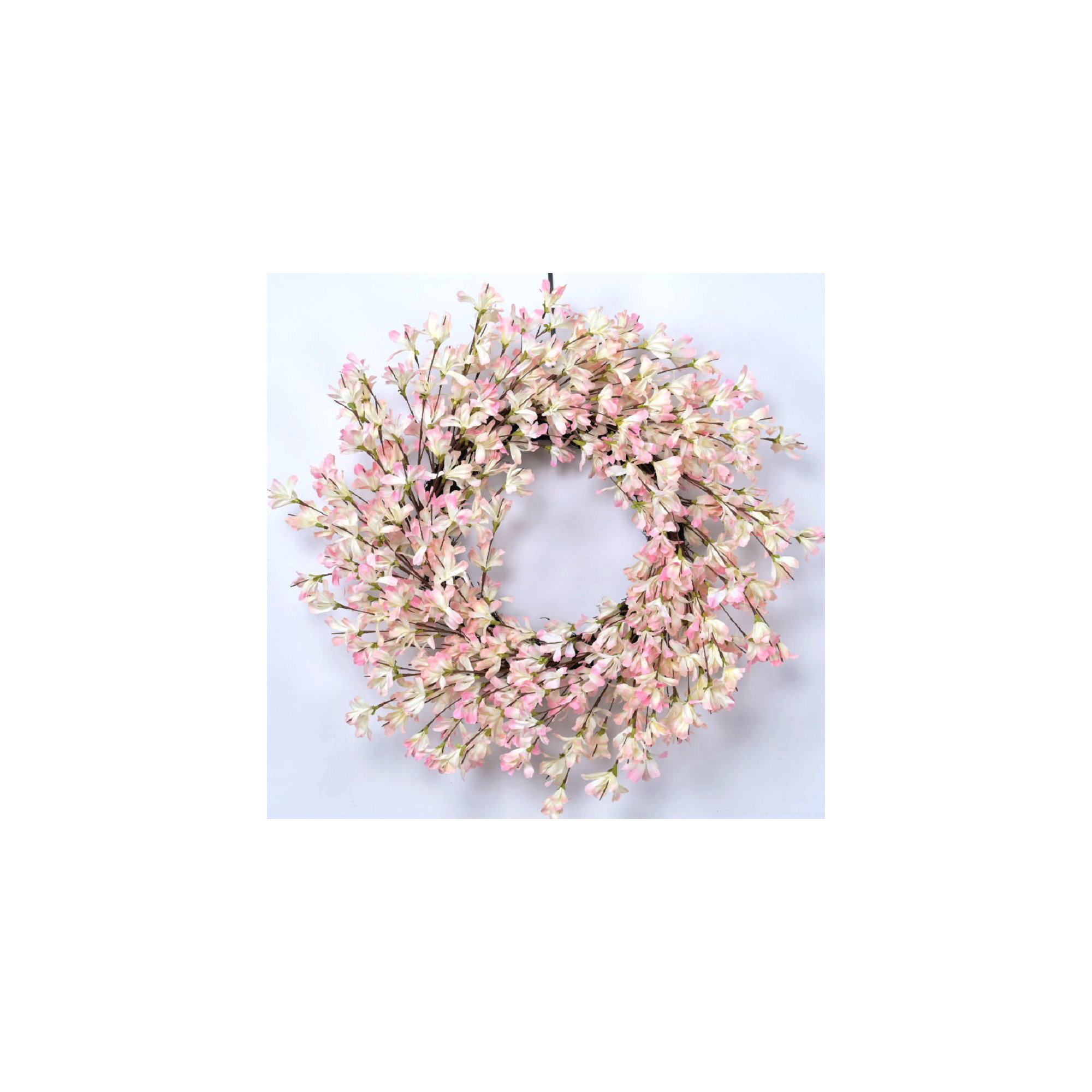 24" Handcrafted Faux Forsythia Silk Wreath for Front Door, Pink