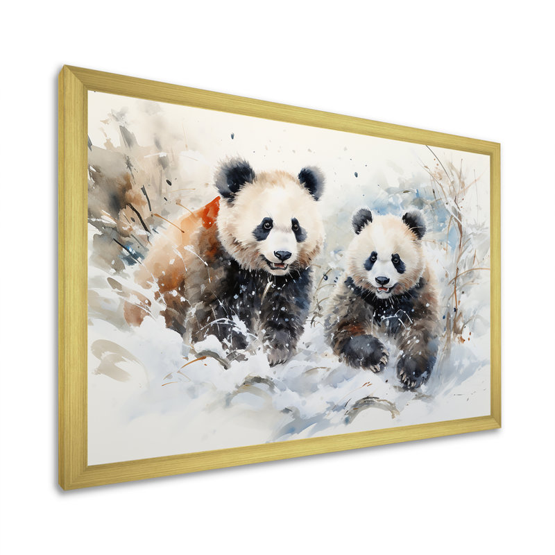 Panda jouant dans un paysage d'hiver - Ours 2, art mural, Cadre doré à coins fermés, H 24 po x l 32 po x P 1 po