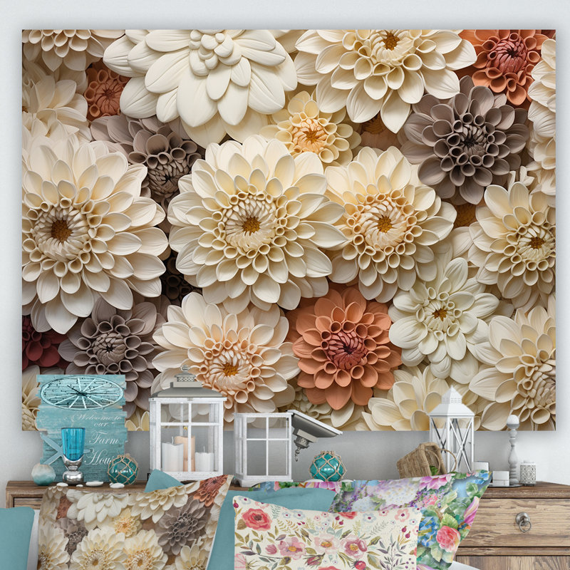 Minimalisme, fleurs de zinnias beiges sur toile, Toile tendue, H 16 po x l 32 po x P 1 po