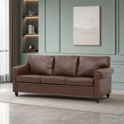 Rolled-Arm Faux Leather Sofa with Nailhead Trim