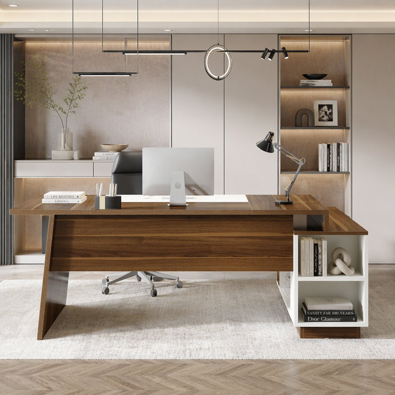 Bureau de direction en forme de L avec armoire de rangement et étagères ouvertes, grand poste de travail informatique d'angle de style moderne du milieu du siècle pour bureau à domicile