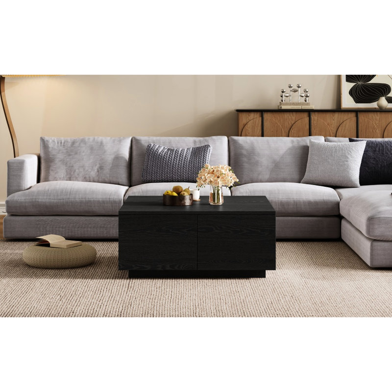 Table basse carrée de 34,18 po, quatre tiroirs, noir, finition en bois classique, espaces transitionnels, fonctionnels, petits espaces 34,18 po - couleur noire, télécommande et élégant