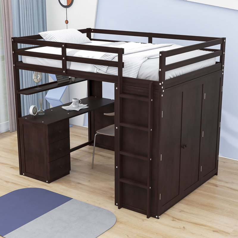 Keisler Full Size Wood Loft Bed with 3 Drawers, Desk and Wardrobe, Espresso