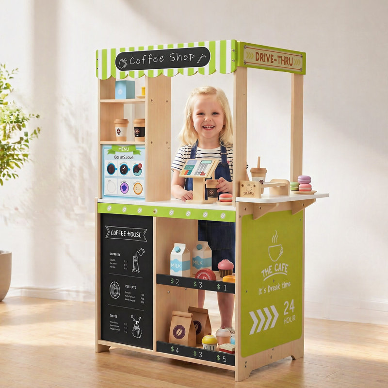 Kids Wooden Coffee Shop Playset With Cash Register, Coffee Machine, Oven And Food Accessories, Pretend Bakery Store Toy For Toddlers And Children