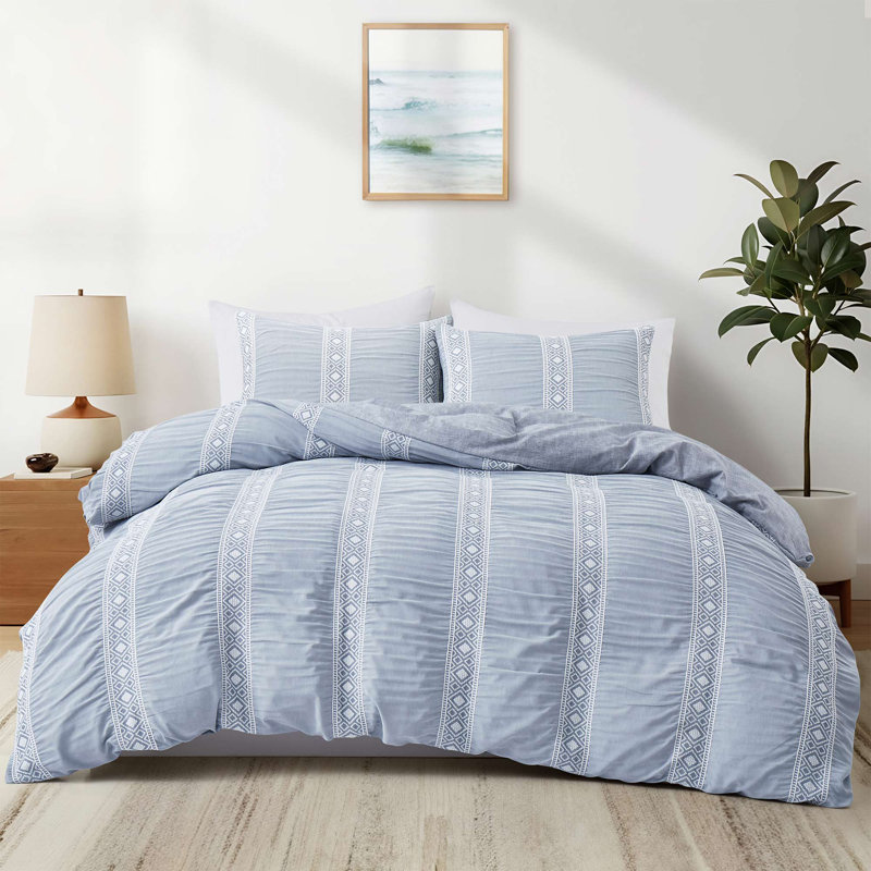 Ensemble de housse de couette géométrique en dentelle - literie en microfibre 3 pièces, envers texturé, toutes saisons, lavable à la machine, bleu