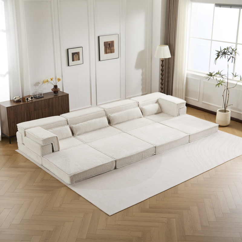 Compression Mahjong Sofa,Convertible Floor Sofa Bed,DIY Boneless Modular Sectional Sofa,No Assembly Required,Circle Fleece Fabric,Oversized 4 Seater With 4 Pillows,White