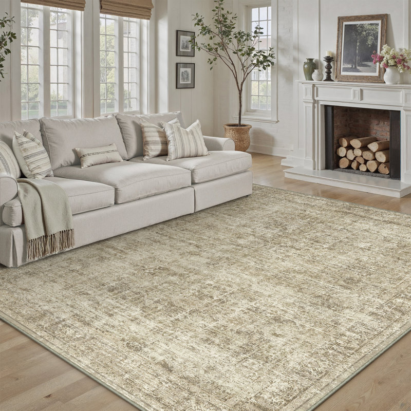 Tapis beige lavable avec envers antidérapant Ladonya, Rectangulaire 8 pi x 10 pi