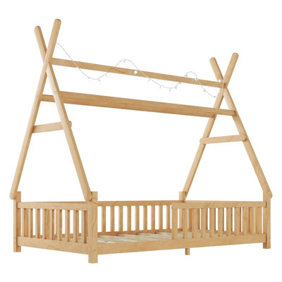 Lit de maison avec lumière, lit de maison à plancher bas avec clôture et toit pour enfants, garçons et filles, naturel