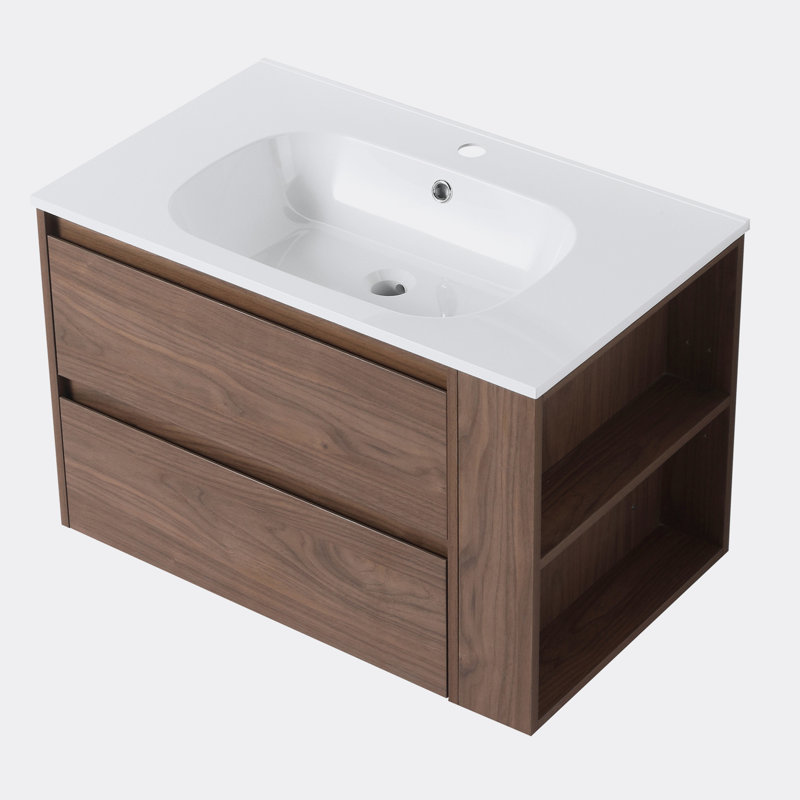 Meuble-lavabo mural avec lavabo en gel, Chêne brun