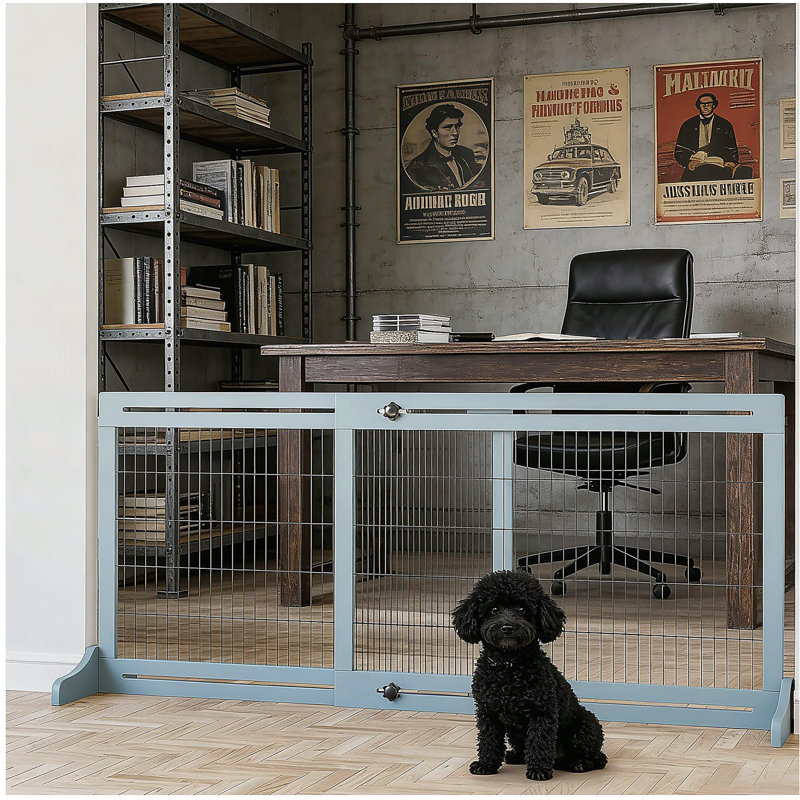 Pet Gate,Wooden Pet Gate,Freestanding Pet Gate for Your Home, 24.3" H x 72" W x 14.3" D, Bleu, gris