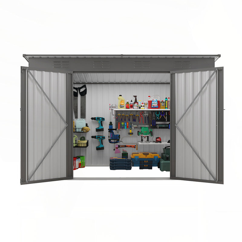 Remise de jardin durable en métal 4 x 9 pi avec toit incliné, 6 évents et 2 portes battantes pour un rangement extérieur polyvalent