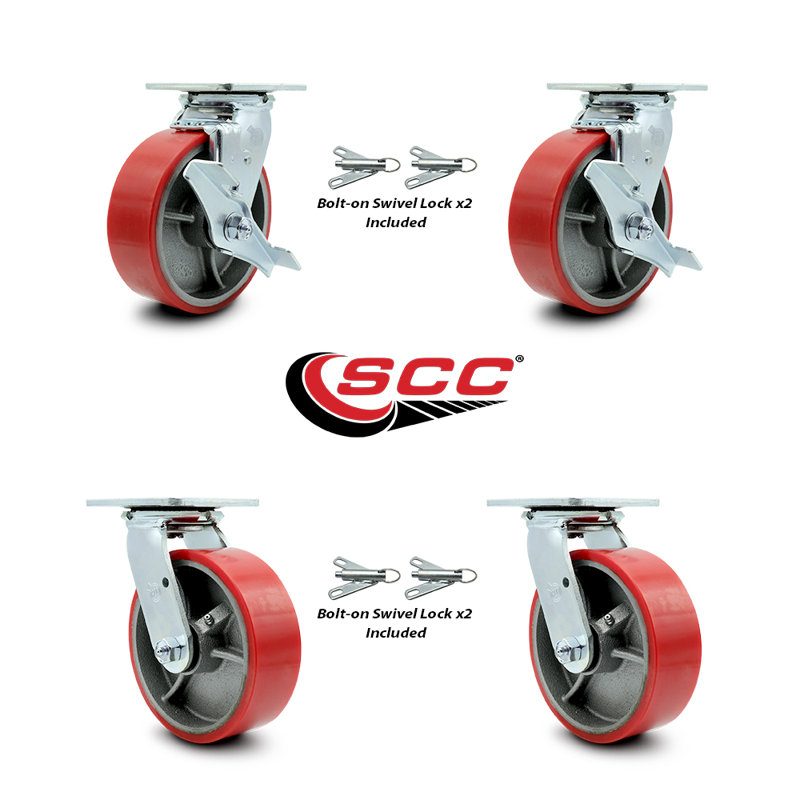 6 Inch  Poly on Steel Caster Set with Roller Bearings 4 Swivel Lock 2 Brake/SCC-30CS620-PUR-RS-TLB-BSL-2-BSL-2
