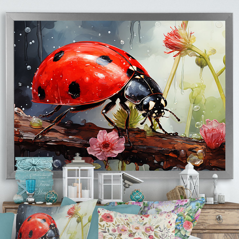 Curious Ladybug Crimson Serenity, Cadre simple argenté, H 30 po x l 40 po x P 1,5 po