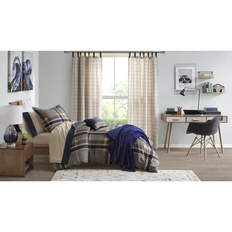 Robbie Plaid Comforter Set with Bed Sheets, Twin Comforter + 6 Additional Pieces, Navy/Taupe