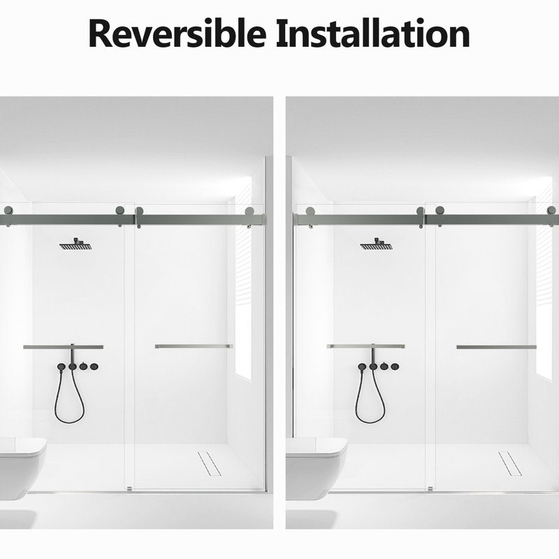 Double porte de douche coulissante à fermeture en douceur, 68-72 po * 76 po, verre trempé de 3/8 po, Argent argent