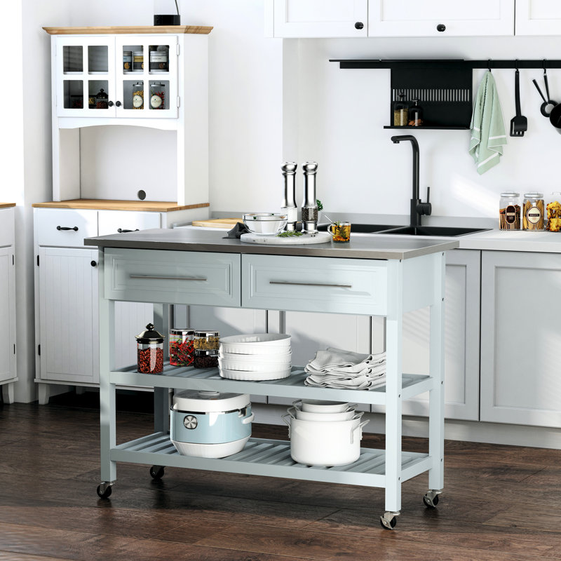 Îlot de cuisine avec plateau en acier inoxydable, îlot de cuisine traditionnel avec rangement, 2 tablettes ouvertes, tiroirs, gris clair
