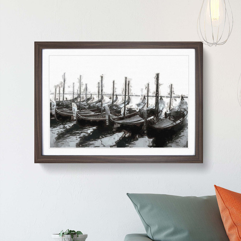 Docked Gondolas in Venice Italy in Abstract - Picture Frame Painting Print on MDF, Walnut Framed, 62cm H x 87cm W x 2cm D