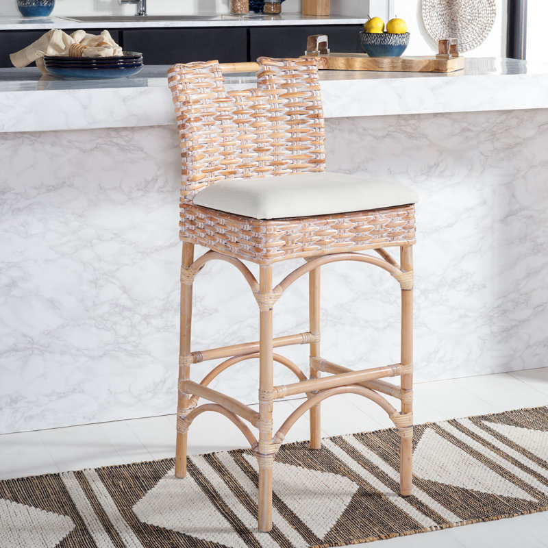 Evins Upholstered Bar Stool with Solid Wood Frame, Natural/White Wash