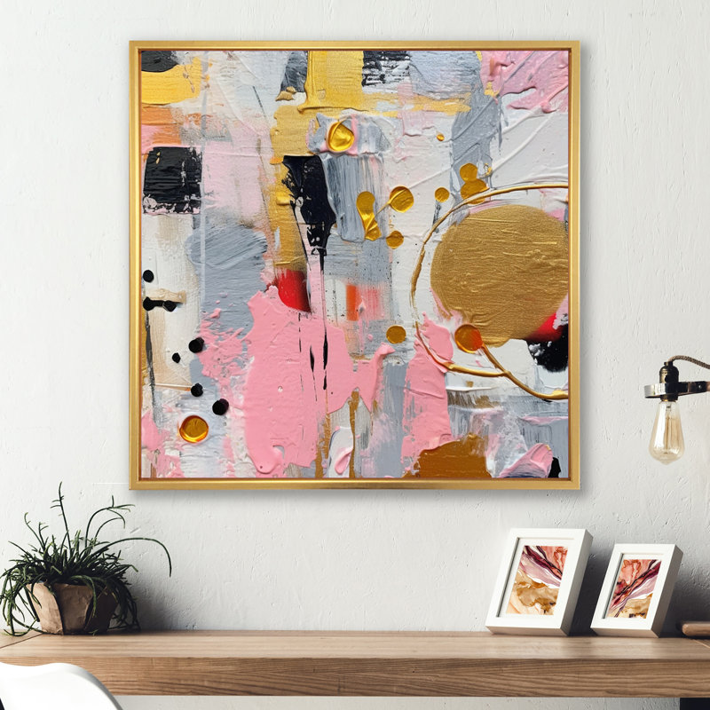 Rose et gris géométrique III sur toile, H 30 po x l 30 po x P 1 po, Cadre flottant doré