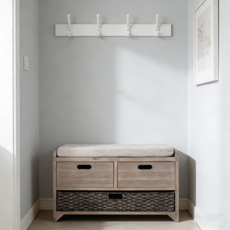 Banc de rangement pour chaussures entièrement assemblé avec panier amovible, 2 tiroirs et coussin amovible, Blanchies