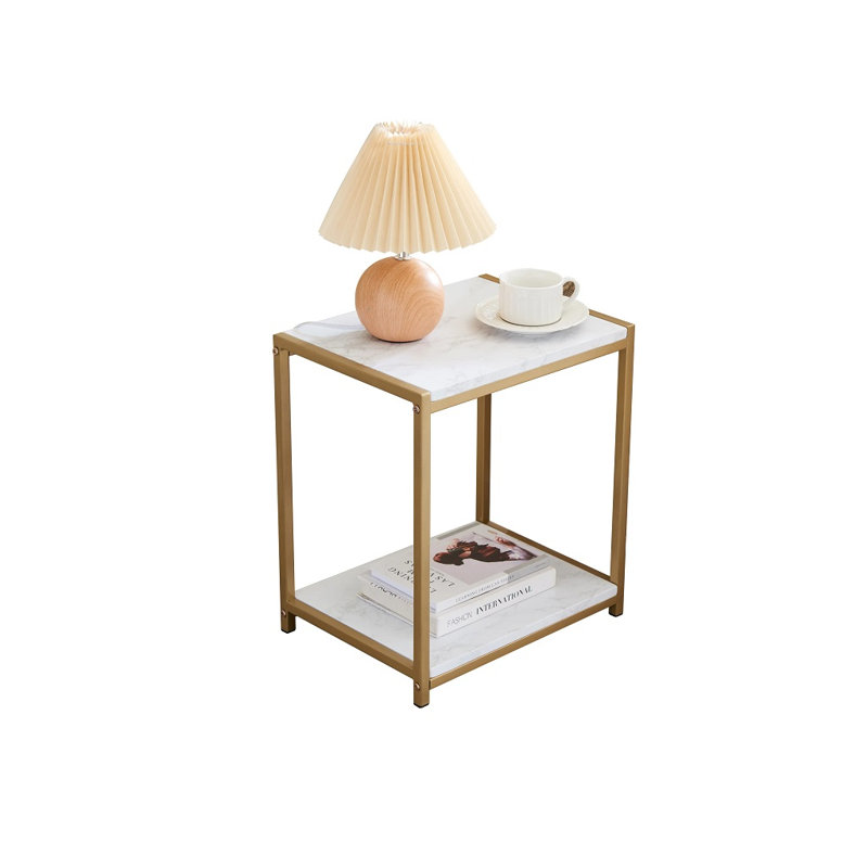 Quason Side End Table with Faux Marble Storage Shelves & Metal Frame, Nightstand for Bedroom, Living Room, or Modern Accent Table