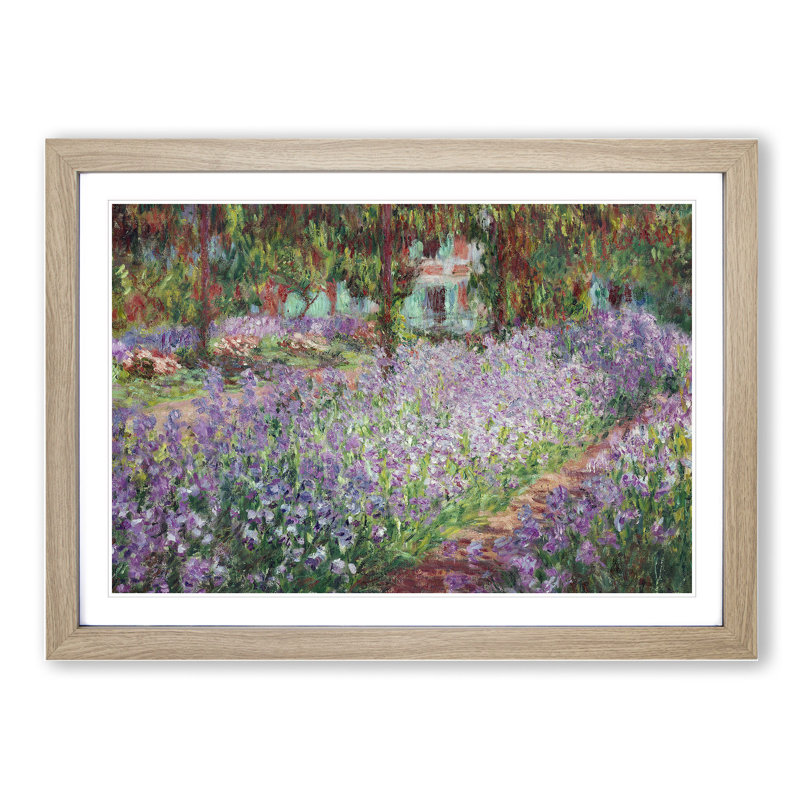 Irises in Monets Garden by Claude Monet - Picture Frame Painting on MDF, Oak, 48cm H x 65cm W x 2cm D