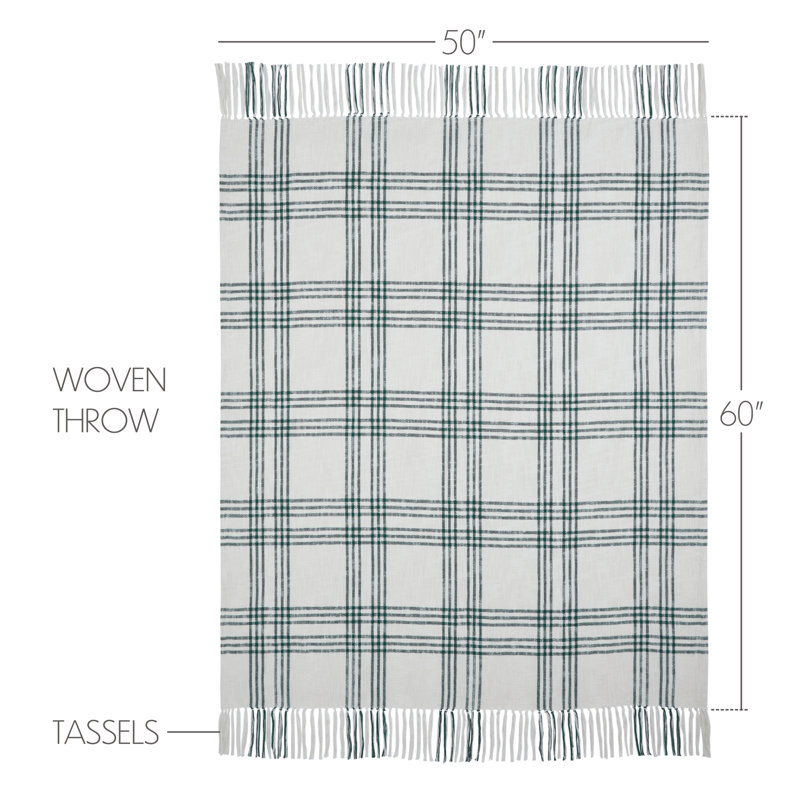 Pine Green and White Cotton Plaid Throw Blanket with Tassels