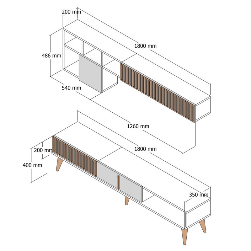 Modern TV Unit with Wall Shelf, Walnut & White, 70.9 x 15.7 x 13.8 inches | 100% Melamine Coated Particle Board, Thickness: 0.7 inches | Features Numerous Shelves & Plastic Legs, Perfect for Scandinavian Home Décor