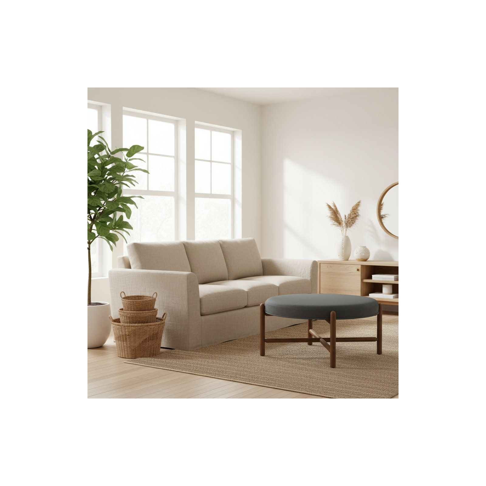 Vane 36" Round Ottoman, Charcoal, Walnut