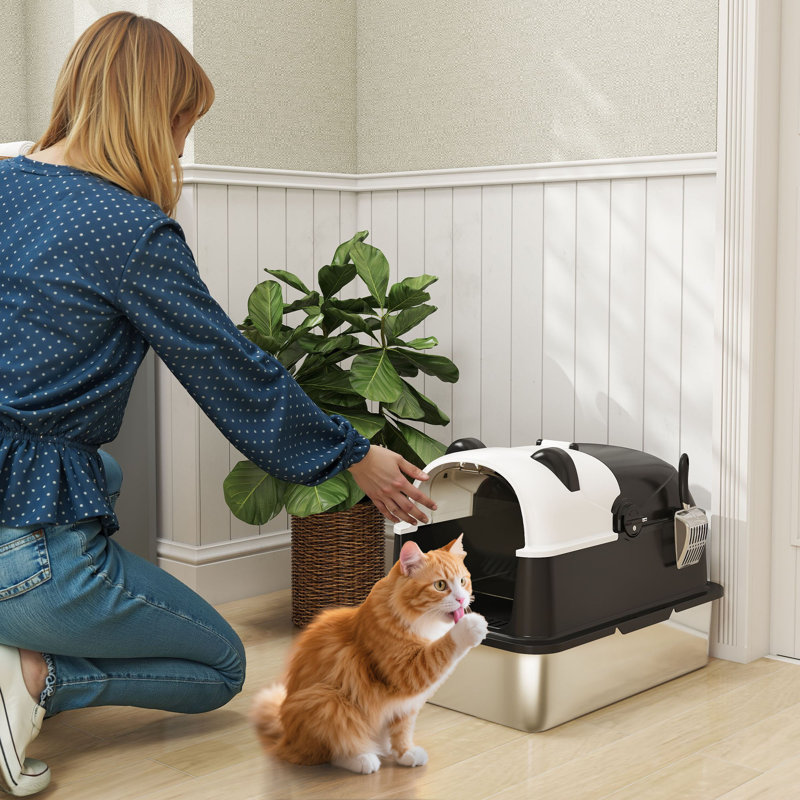 Litière pour chat XL en acier inoxydable avec couvercle de style panda avec pelle