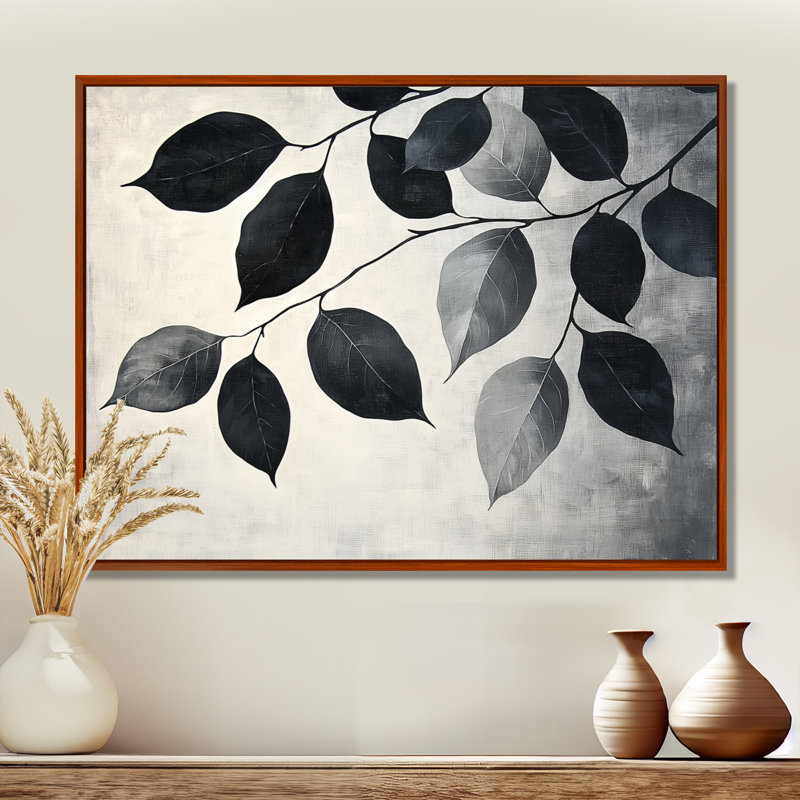«Black Leaves Shadow Silhouette IV» - art mural feuilles, H 16 po x l 32 po, Impression encadrée flottante, Brun