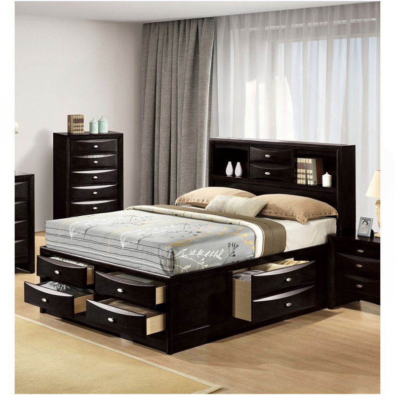 Lit de style contemporain très grand avec pieds et tiroirs avec tête de lit et bibliothèque de couleur noire, Très grand lit