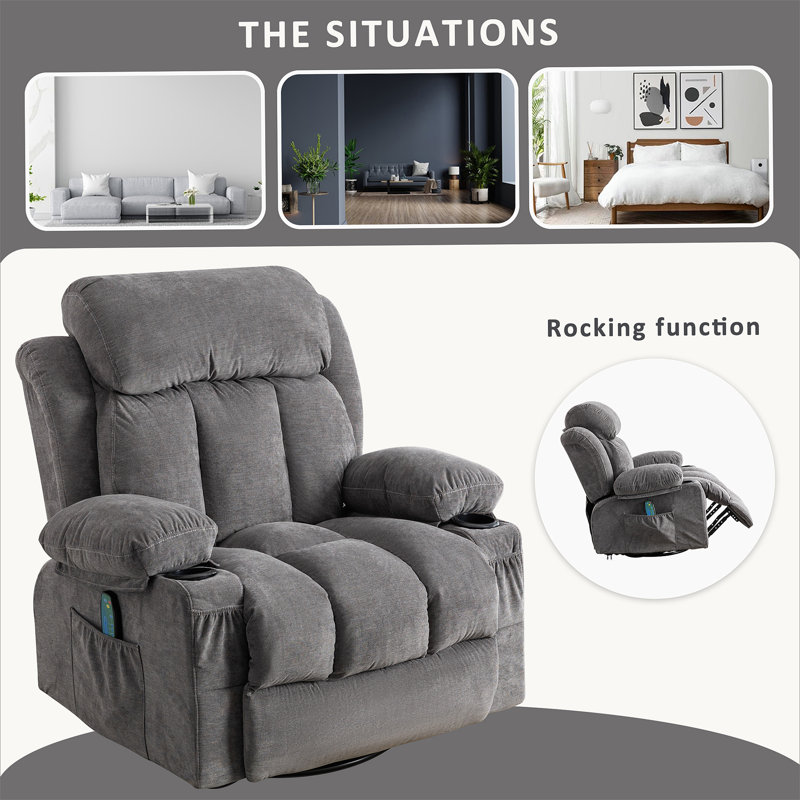 Swinging recliner massage heated sofa, with USB and 2 cup holders in side pockets