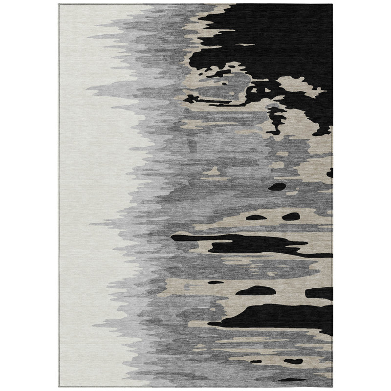 Meleya Black Washable Indoor-Outdoor Rug - , 5' x 7'6"