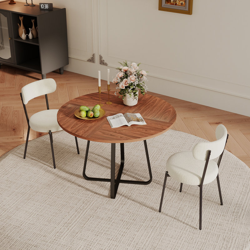Ensemble de table de salle à manger 43,3 po et chaises en peluche, 1 table et 2 chaises, Noyer, Blanc