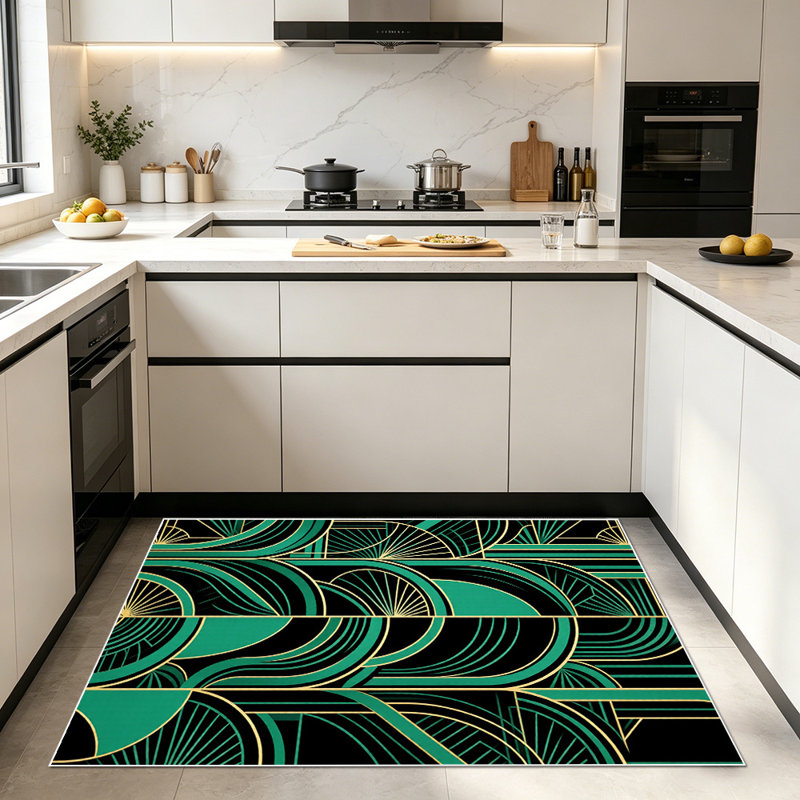 1PC Art Deco Emerald Green Geometric Gold Accent Trim area rugs for Living Room, Soft and Comfortable, Suitable for all seasons, easy-to-maintain, machine washable Indoor floor mat, Under Table Farmhouse suitable for dining room, bedroom, entryway,...
