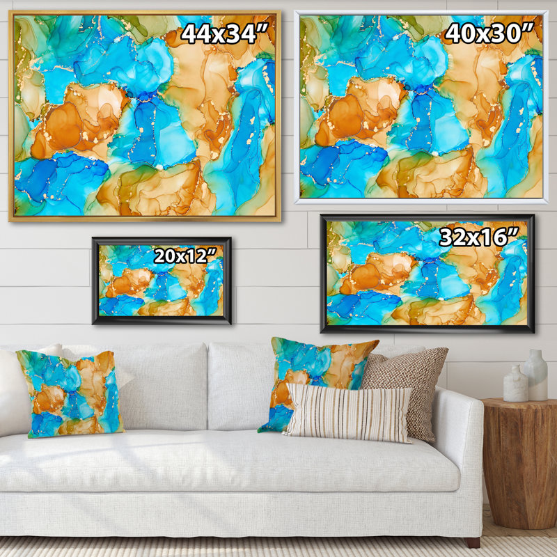 Turquoise et brun, luxe abstrait, fluide I - peinture sur toile, Cadre flottant blanc, H 24 po x l 32 po x P 1 po